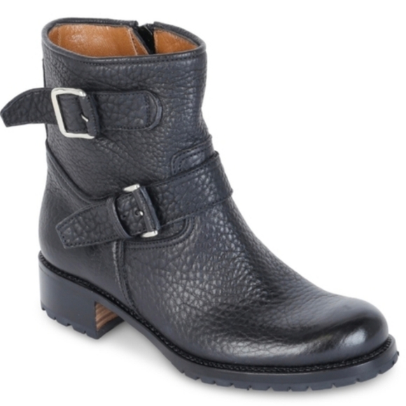 Gravati Black Luxury Italian Pebbled Leather Double Buckle Strap Moto Style Boot - Picture 16 of 16